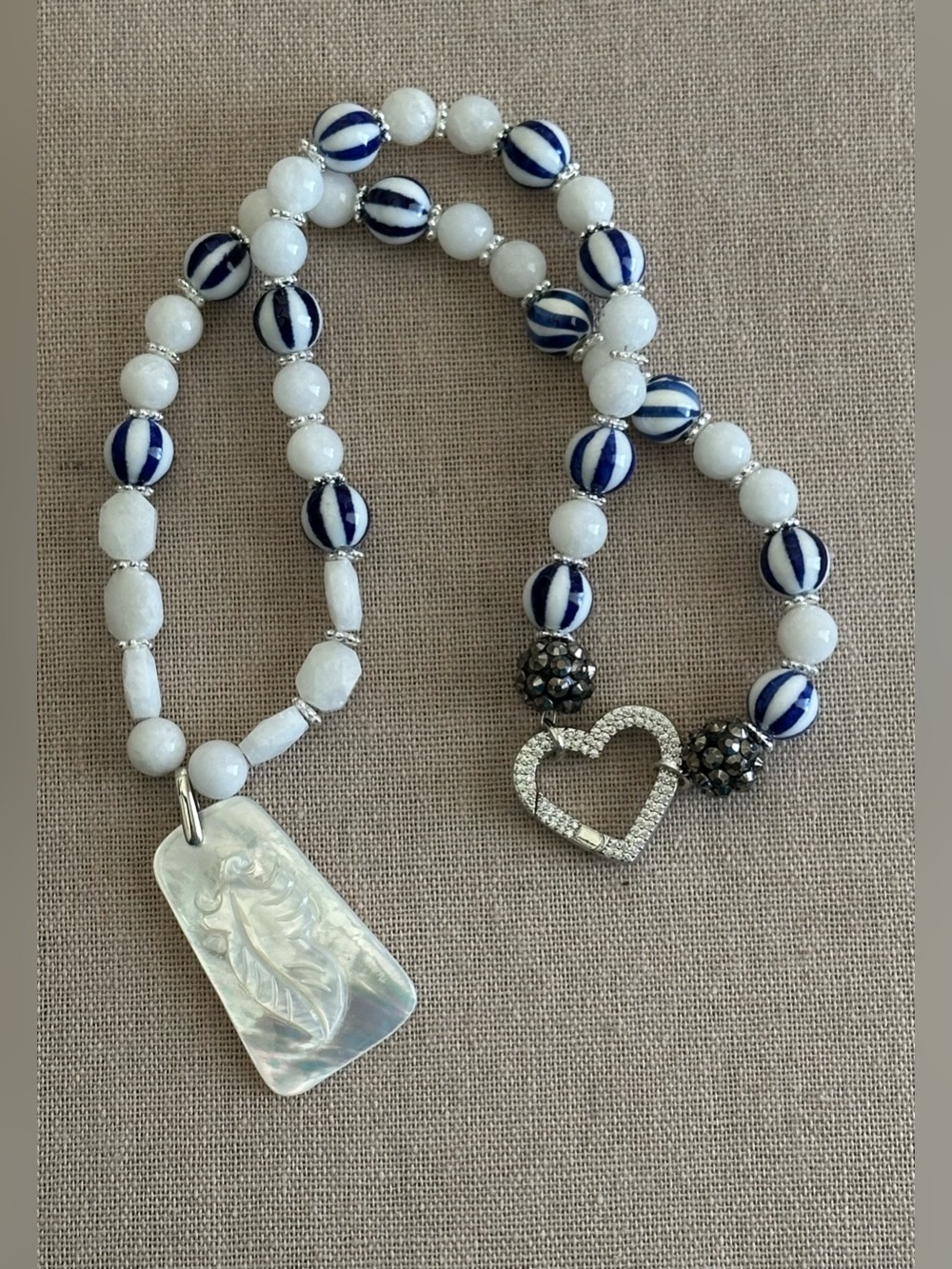 Navy & White Beaded Necklace with Mother-of-Pearl Pendant
